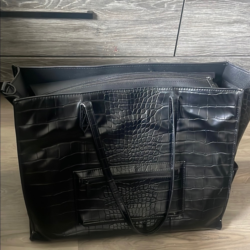 BEIS Black Croc-Embossed Tote Bag